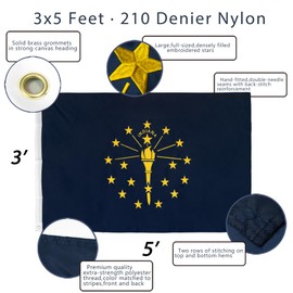 Anley EverStrong Series Embroidered Indiana State Flag 3x5 Feet - Embroidery & Heavy Duty Canvas Header - 4 Rows of Lock Stitching - Nylon Indiana IN Flags with Brass Grommets 3 X 5 Ft