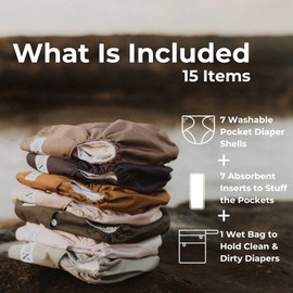 Nora's Nursery Cloth Diapers 7 Pack with 7 Inserts & 1 Wet Bag - Waterproof Cover, Washable, Reusable & One Size Adjustable Pocket Diapers for Newborns and Toddlers - Down to Earth