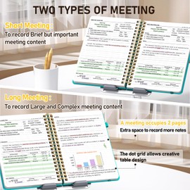 WEMATE Simplified Meeting Notebook for Work with Action Items 200 Pages, Office Supplies for Note Taking, Keep Agenda Organized, PU Leather Meeting Notes Notebook for Work (10" × 7") - Green