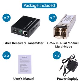 One Pair of 1.25G/s Gigabit Multi-Mode Fiber Optic Ethernet Media Converters + 2 Pieces SFP LC Dual Transceiver Module Included, 10/100/1000Base-Tx-SX SMF RJ45 to SFP Slot up to 550M