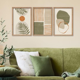 FZMHASLWW Boho Tropical Leaves Wall Decor Art 16"x11" Geometric Green Wood Framed Set Of 3 Abstract Print for Bedroom Office Hanging (Wood)