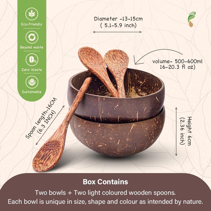 Bella Tree® Set of 2 Coconut Bowls with 2 Wooden