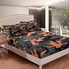 Feelyou Army Camouflage Bedding Sheets Teens Camo Bed Sheet Set for Kids Boys Girls Colorful Pattern Decor Bedding Fitted Sheet Orange Black Grey Bed Cover Bedroom Collection 3Pcs Full Size