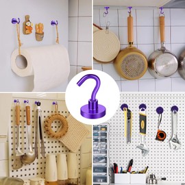 MIKEDE Magnetic Hooks Heavy Duty, 28Lbs Neodymium Magnets with Hooks for Refrigerator, 10Pcs Strong Cruise Hooks for Hanging, Magnetic Hanger for Grill, Toolbox, Storage - Purple