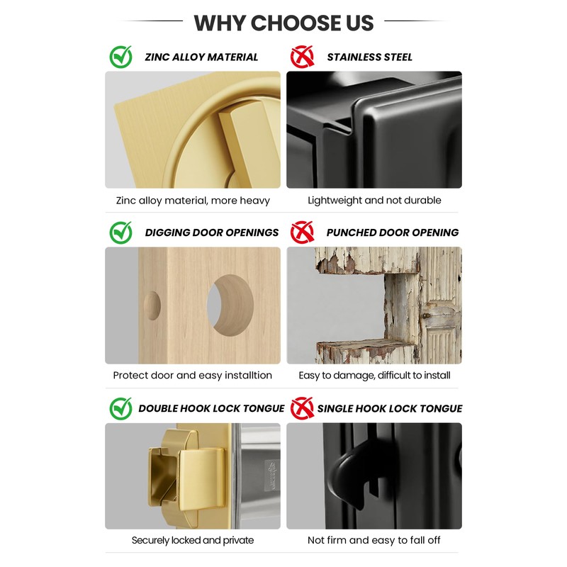 goldenwarm Brushed Gold Pocket Door Lock with Pull, Square Pocket
