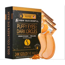 RBW 24k Gold Under Eye Patches for Puffy Eyes, Dark Circles, Wrinkles - Hyaluronate Infused Eye Mask - Hydrates and Moisturizes Skin - Rejuvenating Under Eye Treatment for Men, Women - 20 Pairs