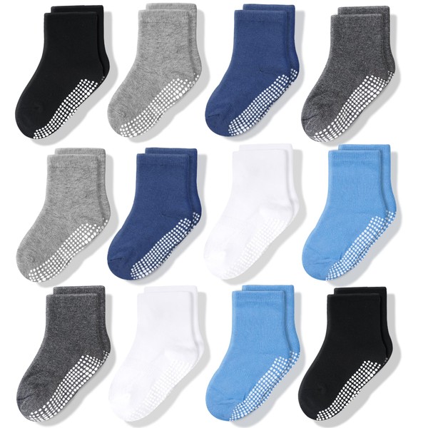 CozyWay Chaussettes pour tout-petits de l'équipage antidérapant, 12 pack pour garçons, noir/bleu/bleu clair/gris, 3-5 ans
