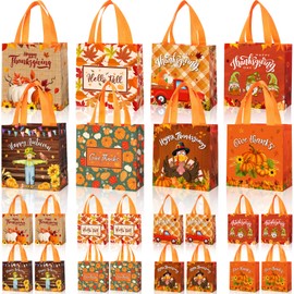 Windyun 96 Pcs Fall Bags Bulk Thanksgiving Non Woven Candy Goodie Treat Tote Gift Tote Party Favor Bags with Handle for Gifts Wrapping Party Favors, 7.9 x 7.9 x 3.5 Inches