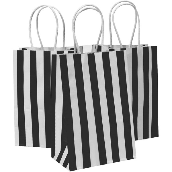 Ronvir 5.25x3.25x8 Inches 50pcs Stripes Kraft Paper Bags, Retail Bag, Merchandise Bag, Gift Bag, Party Bag (Black)