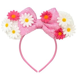 Bmobuo Daisy Mouse Ears Headband for Women, Pink & White Flower Park Ears Cute Headband