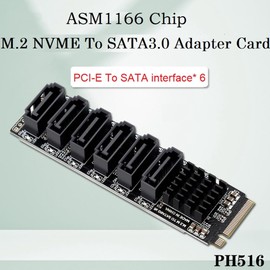 Oidnvay M.2MKEY PCI-E Riser Card M.2NVME to SATA3.0PCIE to SATA6Gpbsx6 Port Expansion Card 1166 Support PM Function