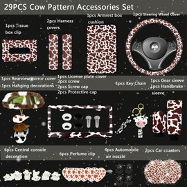 JINGSEN 29 PCS Cow Pattern Car Accessories,Including Dashboard Decoration,Rearview Mirror Decoration,Etc,Suitable for Sedans,SUVS and Other Models,Cute Car Interior Sets Suitable for Women (Brown)