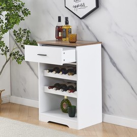 Rainbow Tree White Wine Cabinet for 8 Bottles, White Sideboard with Dual Bottle Racks, Storage Wine Rack with Drawer Wooden Display Shelf Freestanding