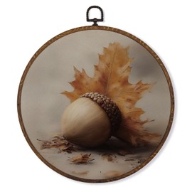 MOTERMATE Farmhouse Fall Acorn Wall Art Decor, Vintage Rustic Fall Maple Leaf Canvas Prints Framed, Autumn Acorn Round Wall Hanging Artwork Decorations for Home Bedroom Living Room, 10x10