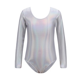 PythJooh Girls Gymnastic Leotards Kids Long Sleeve Metallic Sparkle Athletic Dancewear Gymnastic Leotards for 3-14Years Silver