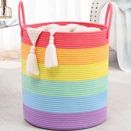 Degeyoyo Rainbow Storage Basket for Organizing, 15"×18" Large Tall Laundry Baskets, Cotton Rope Woven Blanket Basket, Toy Storage for Kids, Collapsible Laundry Hamper for Living Room, Nursery Room
