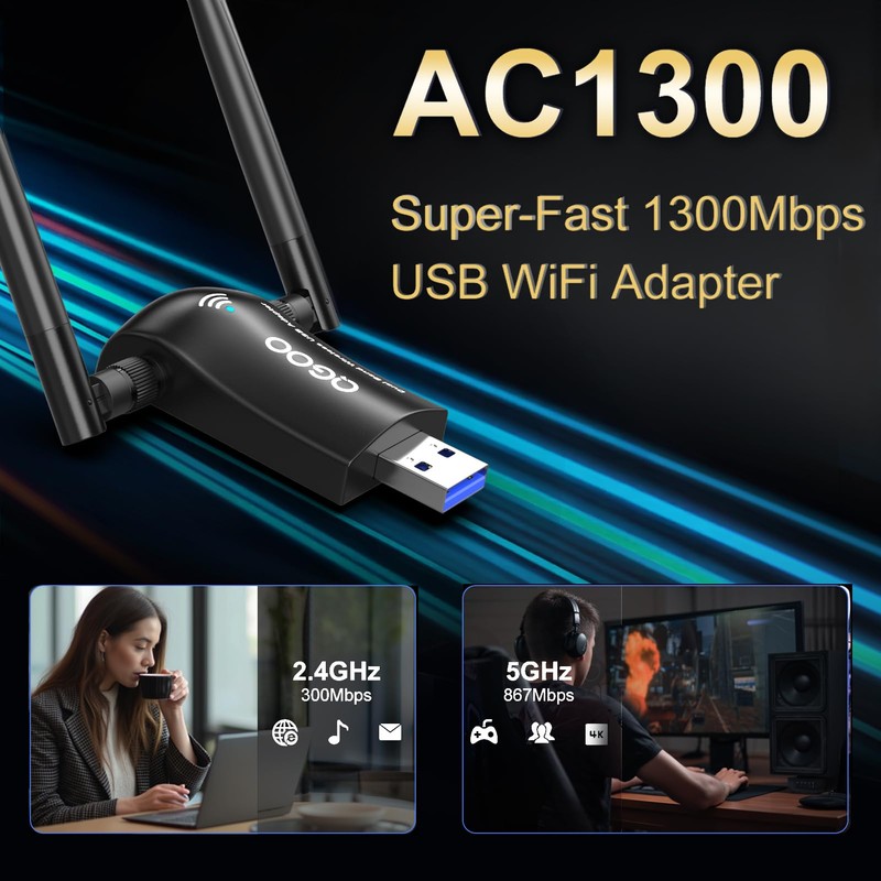 WiFi Adapter for Desktop PC, QGOO Wireless AC1300Mbps USB 3.0