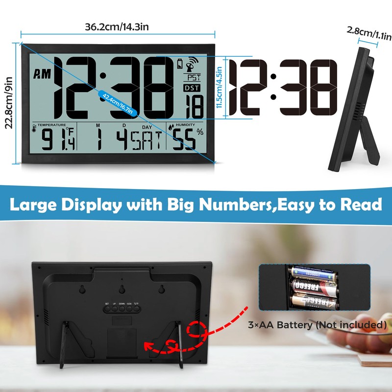 Amgico Digital Wall Clock,16.7" Large Display Atomic Clock, Battery Operated,Digital