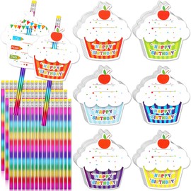 Breling 50 Sets Happy Birthday Pencils and Cupcakes Greeting Cards 50 Pcs Rainbow Wood Pencil with Erasers 50 Pcs Mini Card for School Classroom Reward Birthday Party Birthday Certificates for Student