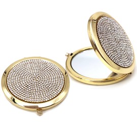 Reazana 2pcs Magnifying Compact Mirrors Pocket Purse Makeup Mirror 1X 2X Folding Cosmetic Mirror Foldable Mini Round Travel Mirrors 2.75 Inch Sturdy Metal with Diamonds Gifts for Women Girls (Golden)