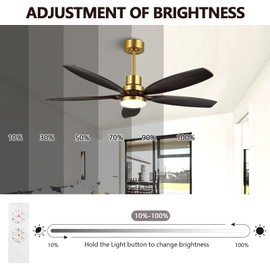 KAPOEFAN 52" Ceiling Fan with Light and Remote,Reversible DC Motor,6Speed,Modern Natural Wood Ceiling Fan with Dimmable LED for Outdoor Patios Bedroom Living Room,Brown Walnut and Brass