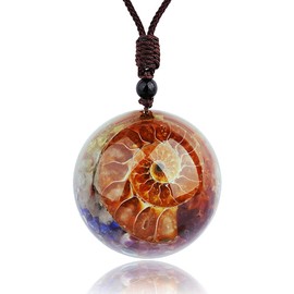 7 Chakra Crystal Necklace Natural Quartz Resin Ammonite Fossil Energy Stone Spiral Pendant with Adjustable Rope Shield Spiritual Healing Jewelry Gift for Women Men