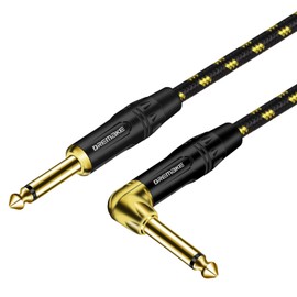 DREMAKE 1/4 Guitar Amp Straight to Right Angel Patch Cord, 15 Feet Quarter Inch Cable Black/Yellow Braided Tweed, Jack 6.35mm 1/4 Inch Guitar Cable for Electric Guitar, Bass, Keyboard to PA Certified