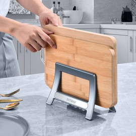 Xuenair Cutting Board Rack, Auto Width Adjustable Holder Stand for Countertop & Cabinet (Gray)