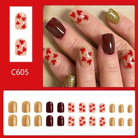 Short Fall Press on Nails Square Shape Fake Nails Glossy Acrylic Glue on Nails Red Maple Leaf Glitter Designs Gel Nails Press ons Cute Stick on Nails for Women Manicure Tips Decorations 24Pcs