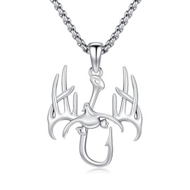 PROESS Fish Hook Necklace for Men 925 Sterling Silver Antler Duck Pendant Necklace Antler Fish Hook Hunting Jewelry for Father Son