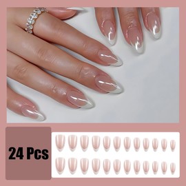 24Pcs White French Tip Press on Nails Medium Almond Fake Nails Full Cover Chrome Artificial Glue on Nails Nude Pink False Nails Natural Fit Stick on Nails Glossy French Nails Tip Acrylic Nails Set