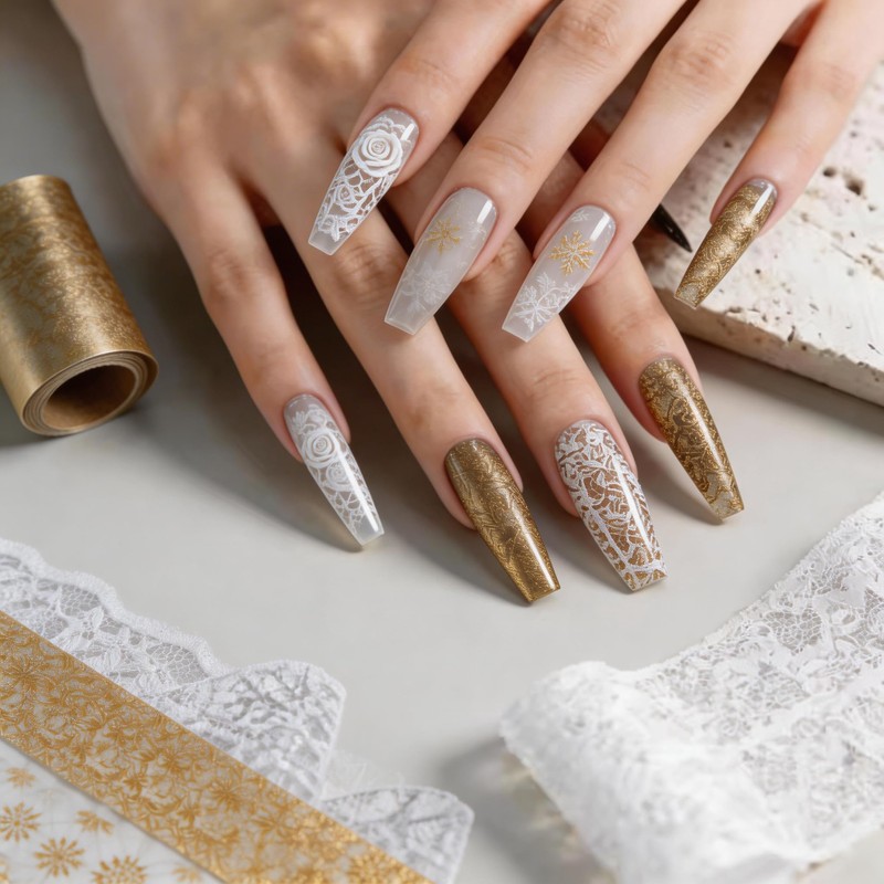 White & Gold Lace Nail Foil Sheets, 10 Rolls Nail