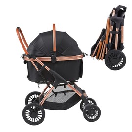 HappyBuy Pet Stroller, 4 Wheels Dog Stroller with Brakes, 66 lbs Capacity, Detachable Carrier, Basket and Pad, for Small-Medium Dogs, Black