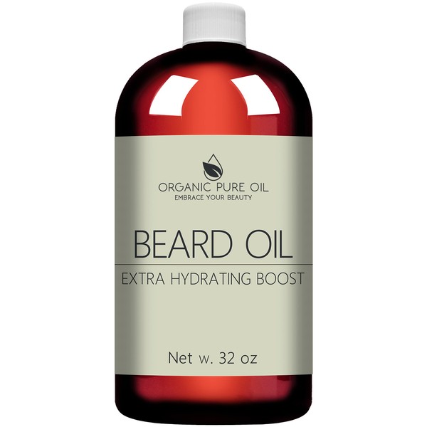 Unscented Beard Oil - 100% Natural, Organically Sourced, Non-GMO, Facial Hair Hydrating & Conditioning Oil Blend - 32 oz - Bulk Sized, Promoting Growth and Silky Smooth Hair - Jojoba, Argan & More