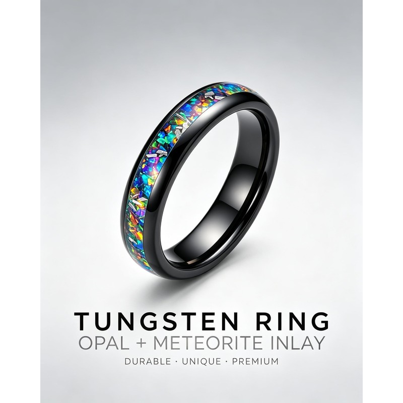 Tungsten Ring Meteorite Opal Inlay 4mm Wedding Band Sizes 5
