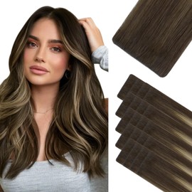 HOTBANANA Invisi Edge Tape in Hair Extensions Human Hair, 20inch 50g 20pcs Balayage Chocolate Brown to Honey Blonde Invisible Tape in Extensions Straight Seamless Real Remy Hair Injected