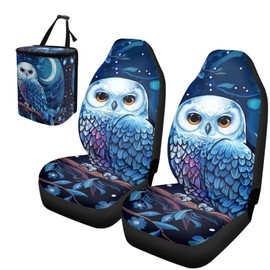 Yvmoruby Owl Print Car Seat Covers Car Accessories for Women Men,2 Piece High Back Bucket Seat Covers and 1 Car Trash Can for Cars Trucks SUV