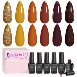 beetles Gel Polish Set, 6 Colors Pumpkin Spice Yellow Gel Nail Polish Red-Brown Dark Brown Glitter Nail Polish Gel Nail Kit Soak Off UV Gel Nail Art Design Gifts for Women