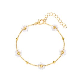 Dainty 14K Gold Flower Bracelet Trendy Adjustable Pearl Daisy Beaded Chain Bracelets Fashionable Birthday Jewelry Accessory Presents for Women Wife (White)