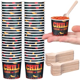 Teenyyou 100 Pcs Chili Cook off Party Decorations, 50 Pcs 2 oz Mini Chili Cook off Tasting Cups Disposable Sample Paper Cups and 50 Wooden Spoons for Competition Prizes Party Cooking Supplies(Black)