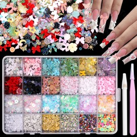 3D Mixed Nail Charms Kit, Colorful Rose Tiny Flowers Bows Nail Art Charms, Assorted Half Pearls for Nails Sequin Gems Rhinestones for Acrylic Nails Art with Pickup Tools