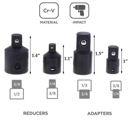 Gasea 4pcs Cr-v Impact Socket Adapter and Reducer Set for Impact Driver Ratchet Docket Extentsion Conversion Tool