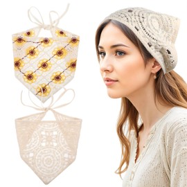 Aeaocvo 2Pcs Crochet Bandanas, Hair Bandanas for Women, Floral Bandana Headbands, Vintage Hair Bandanas for Women Girls Head Kerchief Styling Decor (White, Yellow)