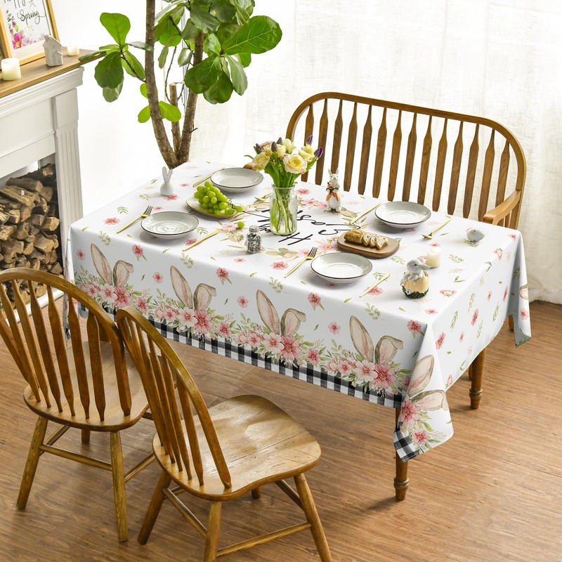 Horaldaily Easter Tablecloth 60x120 Inch Rectangular, Spring Flower Buffalo Plaid
