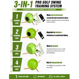 GHOSOONE 3-in-1 Golf Swing Trainer Ball with Strap & Safety Lanyard