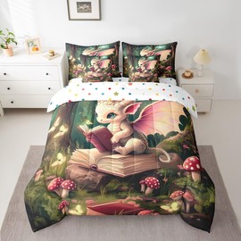 Magical Dragon Wildlife Comforter Set,Childlike Fairy Tale 7 Piece Bed Set Twin Size for Kids,Cute Jungle Mushroom Bed in a Bag Bedding Set with Comforter,Sheet Set,Pillowcases,Pillow Covers