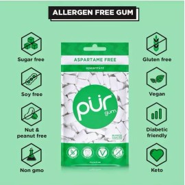 PUR Xylitol Chewing Gum SPEARMINT (55 Pieces, 6 Pack) Sugarless Vegan Pure