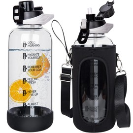 Seekua 64 oz Large Sports Glass Water Bottle with Straw & Time Marker, Motivational Half Gallon Daily Glass Drinking Bottle with Strap for Fruit Infused Water, Smoothie, Coffee