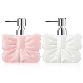 Teenyyou 2 Pack Ceramic Bow Shape Soap Dispensers Cute White and Pink Coquette Bow Hand Sanitizer Bottle 12 oz Hand Soap Dispenser with Pump Bathroom Lotion Dispenser for Bathroom Kitchen Countertop