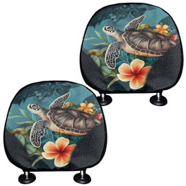 WUYOJUXA Hawaiian Sea Turtle Car Seat Headrest Protector Set of 2 Pcs Breathable Vehicle Seat Pillow Covers Stretchy Auto Seats Headrest Cover Universal Auto Interior Accessories